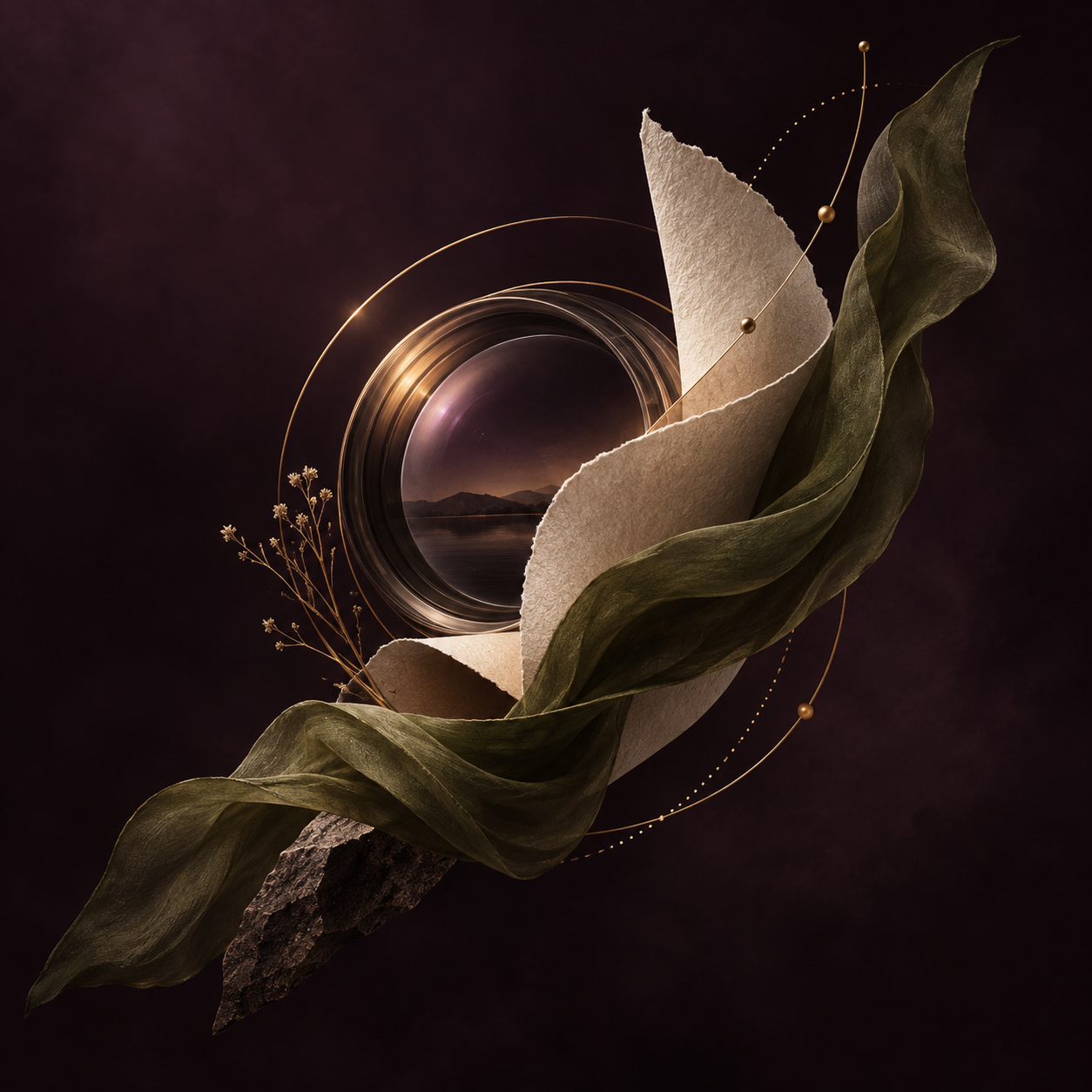 Sculptural composition of a camera lens, ivory paper, moss-green fabric, and fine gold lines on a deep plum background