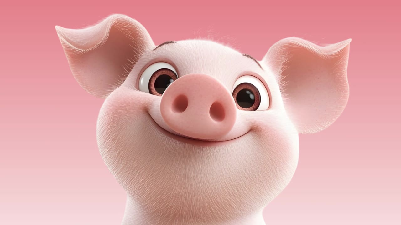 Final frame: a close-up of the smiling pig on a rose background