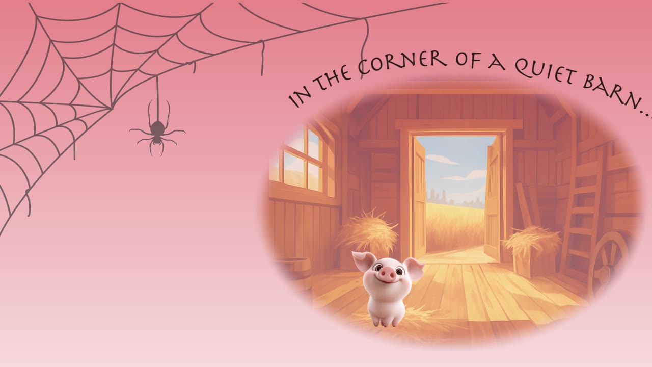 Final frame: spider web and the words 'In the corner of a quiet barn' curving beside an oval barn vignette