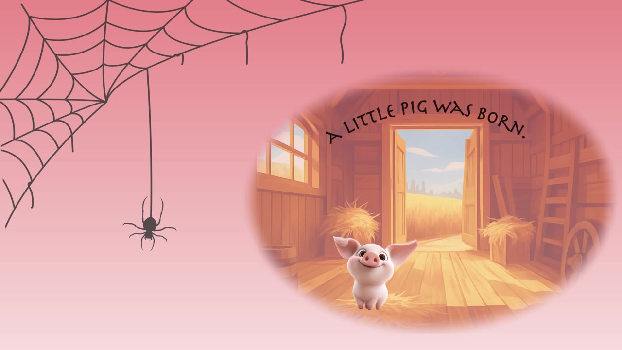Final frame: 'A little pig was born' arcs over the barn vignette