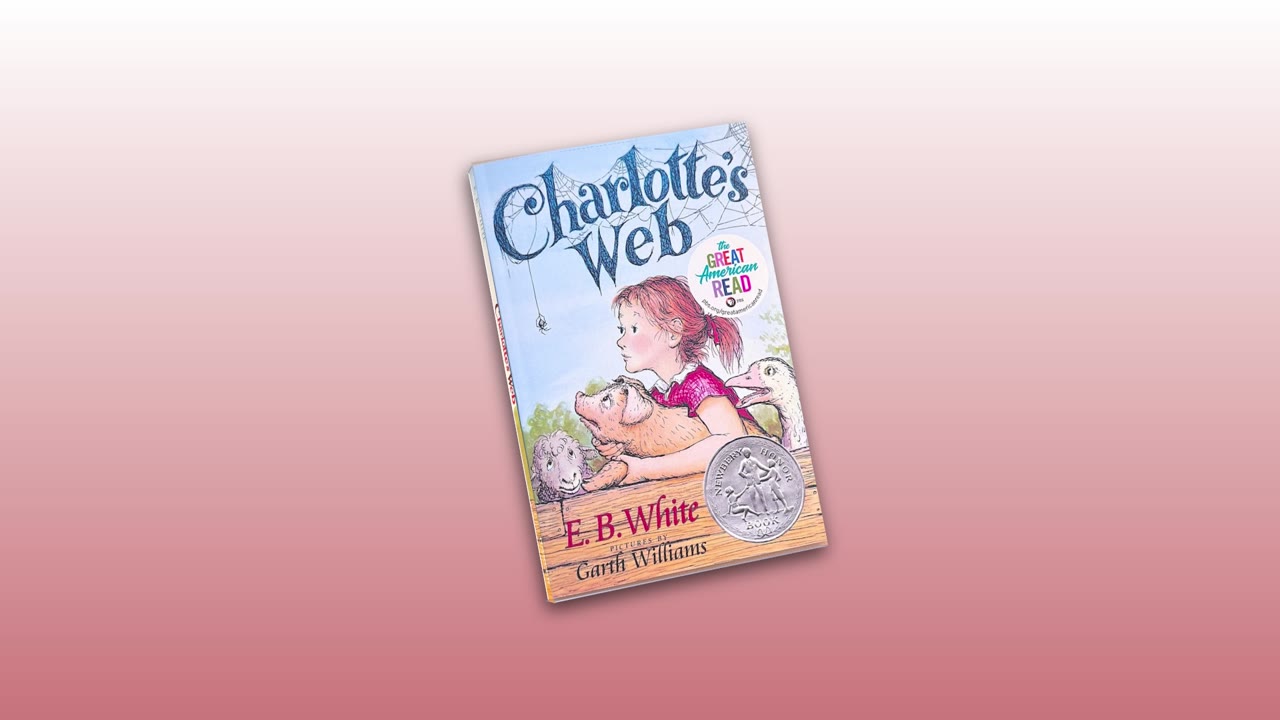 Final frame: the Charlotte's Web book on a rose gradient