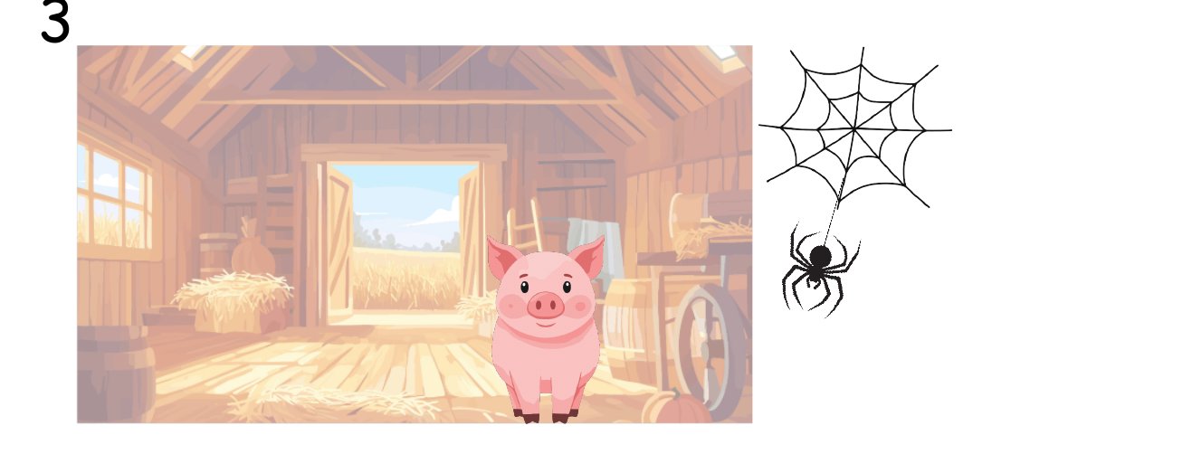 Storyboard panel 3: spider hangs beside Wilbur in the barn