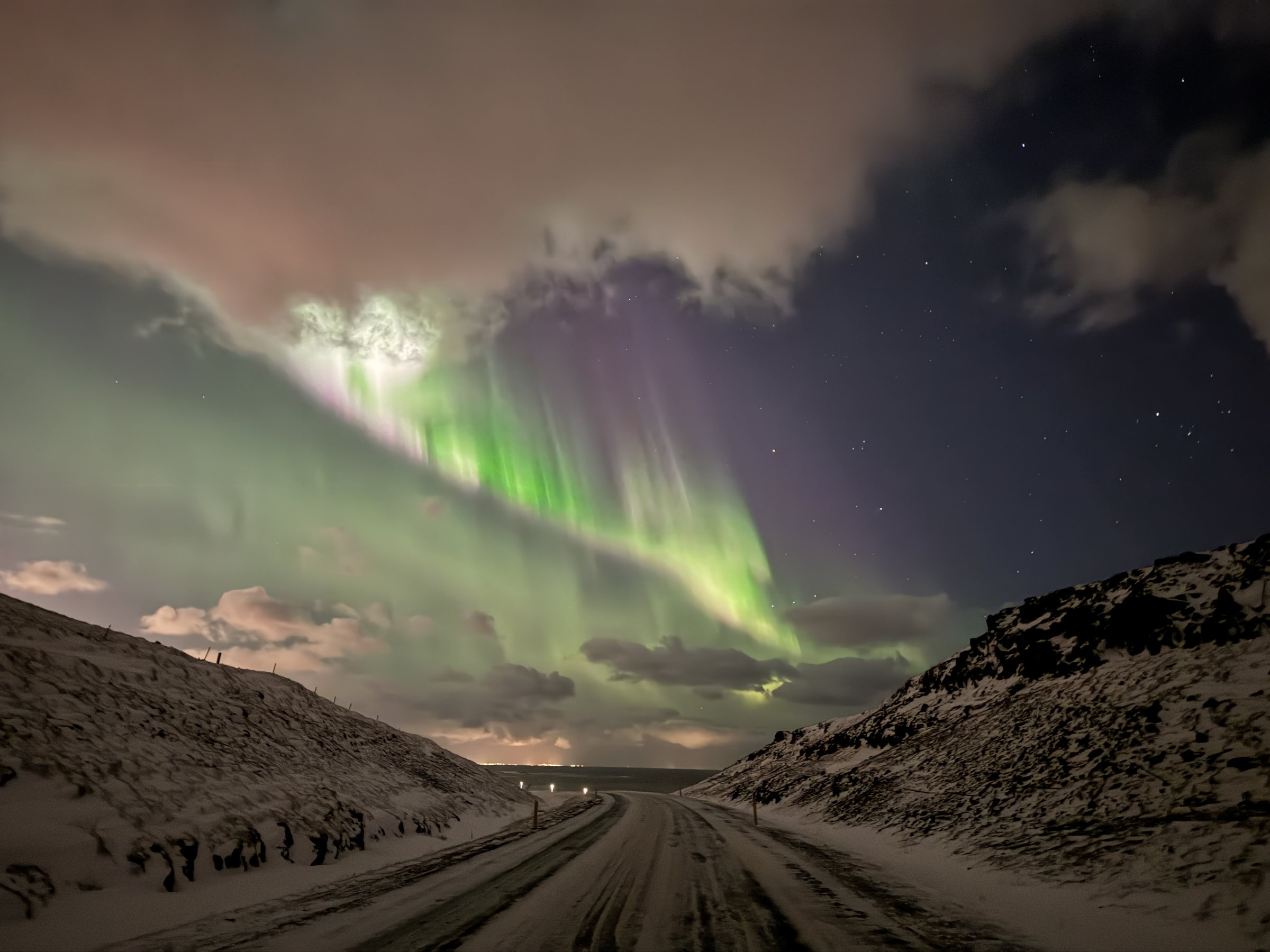 Aurora over the road before editing